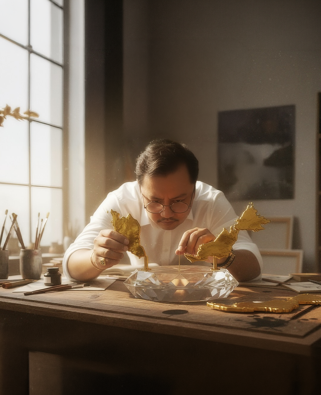 Wan Utama crafting a gold sculpture at a worktable