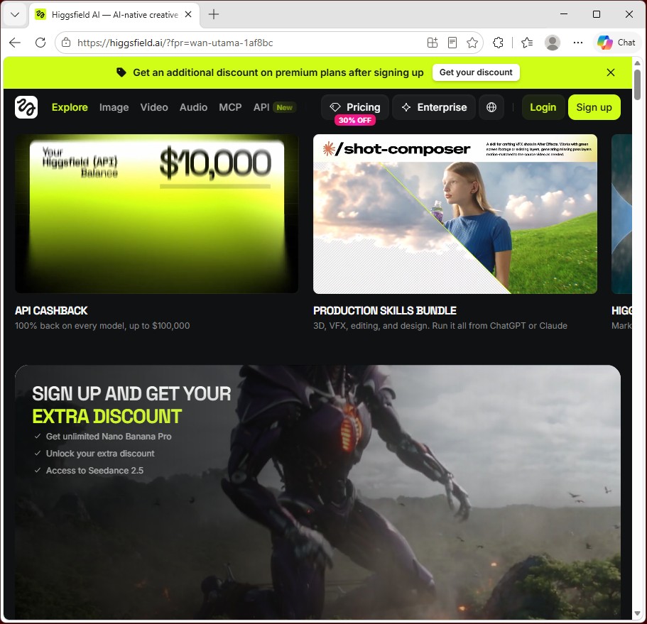 Halaman Higgsfield dengan pilihan Login dan Sign up.